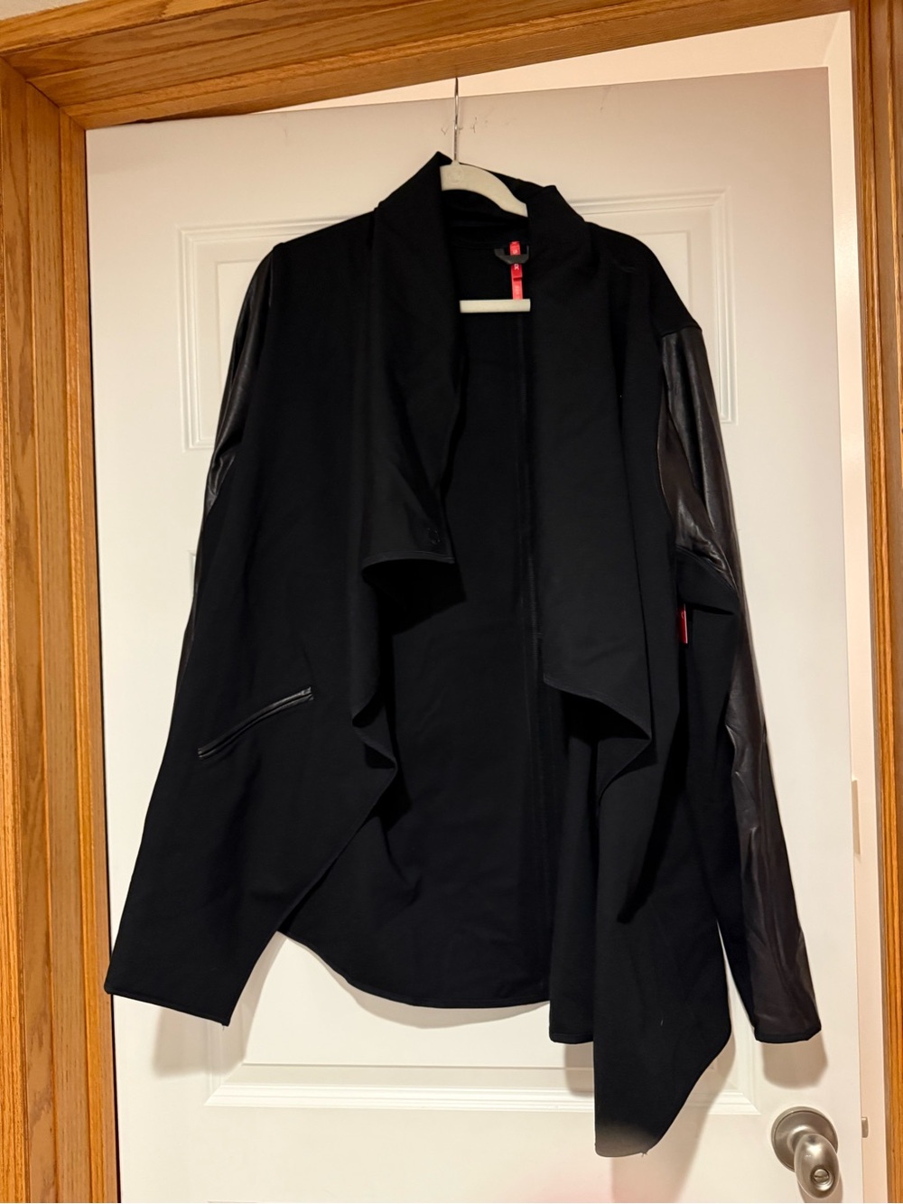 SPANX Black Draped Open-Front Blazer with Leather-Look Sleeves